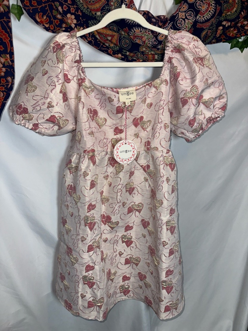 Umgee Pink and Gold Heart Jacquard Puff Sleeve Dress